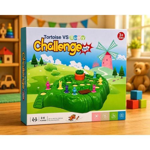 2 in 1 Rabbit Race Board Game for Kids – Multiplayer Family Challenge Game with Paper Map & 3D Track – Includes Dice & Challenge Cards – 2 to 4 Players