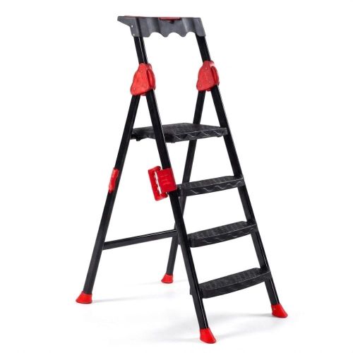 Foldable Metal Ladder, 4 Wide Non-Slip Steps, Top Tool Tray, Lightweight Household Step Ladder for Home and Storage