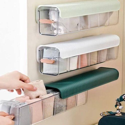 Wall drawer organizer for socks and underwear, six-cell interchangeable acrylic drawer organizers, self-adhesive dustproof storage boxes for clothes, socks, underwear and ties (multicolored)