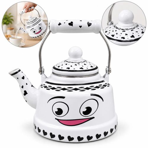 Enamel Coated Tea Kettle with Face and Heart Design White and Black 1.7 L - 2598