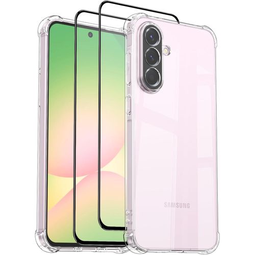 غطاء سامسونج جالاكسي A56 5G مع زجاج مقسى 2 قطعة، غطاء واقي سيليكون، زجاج مقسى مقاوم للخدش وخالي من الفقاعات (غطاء شفاف مع 2 زجاج مقسى)