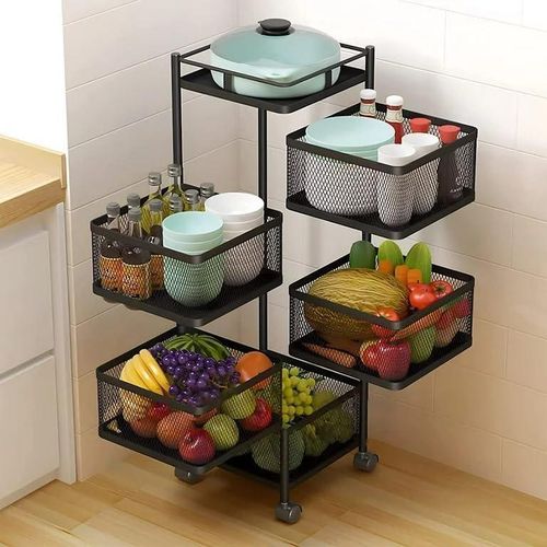 Umi 5 Layer Rotating Kitchen Trolley Portable Storage Rack Square Design Fruits & Vegetable Onion Cutlery, Spice,Jars Container Basket