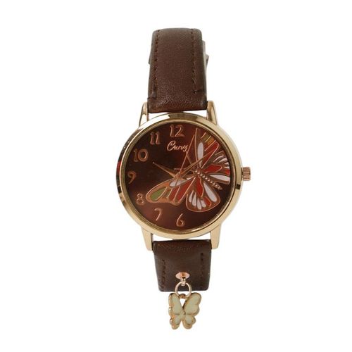 Women’s Brown Leather Strap Watch with Textured Brown Dial, Gold-Tone Numerals, Gold-Tone Case and Quartz Movement