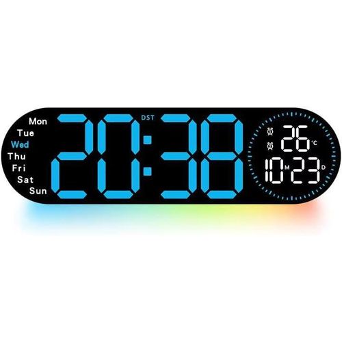 Large LED digital wall clock with clear display and remote control – displays time, date, and temperature – multi-color night light – dual alarm – automatic and manual brightness – USB powered