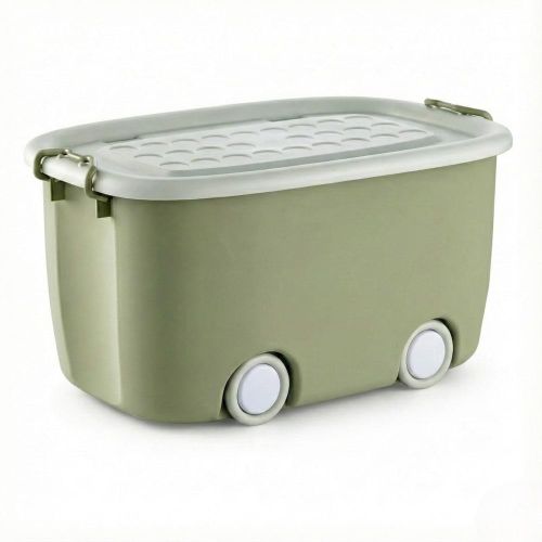 Multipurpose plastic storage box with lid and strong wheels for easy movement – Large organizer basket for toys, laundry, and kitchen (Olive, Large 57cm)