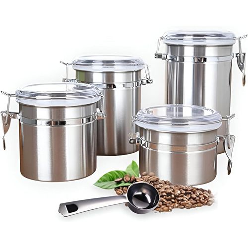 منظم توابل من الفولاذ المقاوم للصدأ عالي الجودة - مجموعة من 4 عبوات متينة ومقاومة للماء من الفولاذ المقاوم للصدأ لحبوب القهوة ولوازم المطبخ الأخرى، الأحجام 22-18-15-13 سم