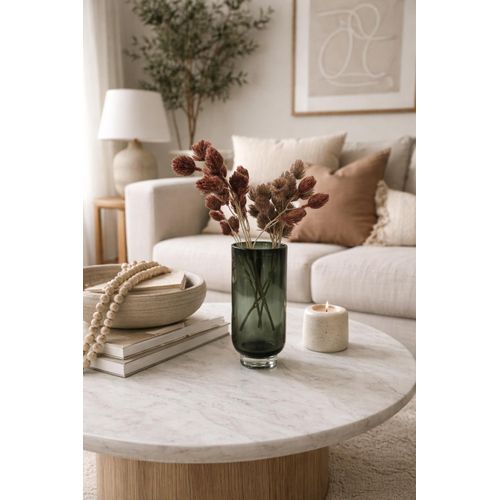 Modern Glass Vase 32cm with Flowers - Dark Green Home Decor - Luxury Cylinder Design