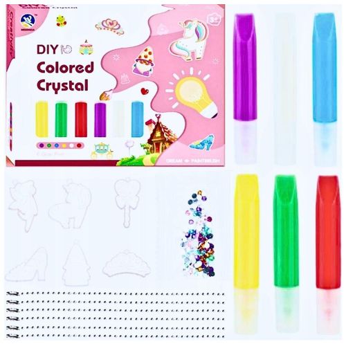 DIY Colored Crystal Glue Painting Keychain Craft Kit – 3-in-1 Mosaic Art Studio with 6 Colorful Glue Pens, Transparent Molds, Sparkling Rhinestone Gems, and Chains – Creative Screen-Free Activity for Kids Ages 3+ (Assorted Themes)