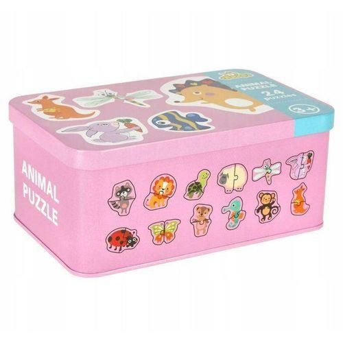 لعبة أحجية الحيوانات للأطفال مع 24 قطعة خشبية في علبة معدنية وردية - لعبة تعليمية للأطفال الصغار لتحسين التركيز والتعرف