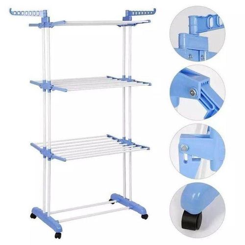 3-level Laundry Rack, Foldable Clothes Rack with Wheels, Heavy-Duty Foldable Laundry Drying Stand, Rust-Resistant Metal Frame, Side Hangers for Clothes and Garments, Holds up to 50kg