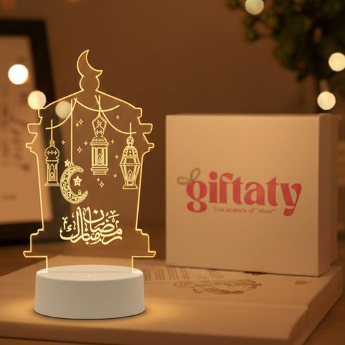 Ramadan Kareem 3D LED Night Light – Warm Golden Acrylic Moon & Ramadan Lamp – Elegant Islamic Home Decor – Modern White Base Fanus Style Lamp - Ramadan Decor Night Light (Ramadan Vibes)
