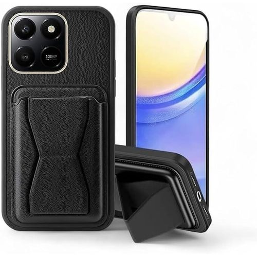 Leather Case Compatible for HONOR X6C Shockproof Leather Back Card Storage & case built-in Stand PU leather for a stylish look, comfortable grip (Black)