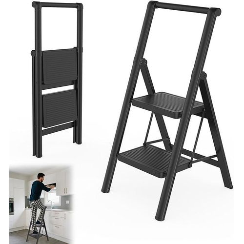 2 steps collapsible stepladder household staircase with wide non-slip pedal and handle Multifunctional household staircase standing ladder Up to 250kg Black for household, kitchen