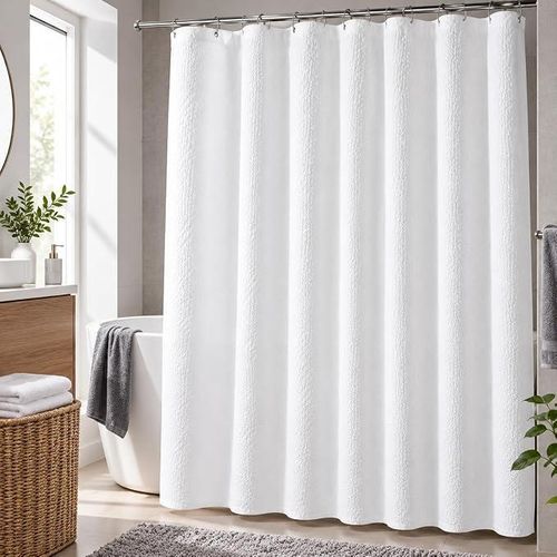 Waterproof shower curtain featuring an elegant design (180x180 cm); prevents water splashing and keeps the bathroom dry.