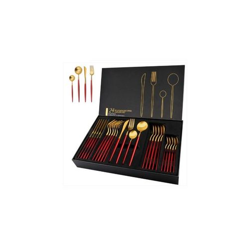 Golden Spoon Set, 24 Pieces in Premium Carton Box, Premium Quality AR - Silverware Set Stainless Steel Cutlery: 24 Piece Dinnerware Utensils Dinner Forks Spoons Steak Knife Service 6 - 24 Piece Spoon Set - 6 Person Cutlery Set, 24 Piece Cutlery Set B