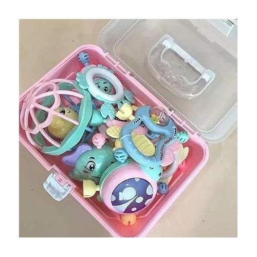 toys Baby rattle and teether set, 10 pieces, with a two-tone storage box.