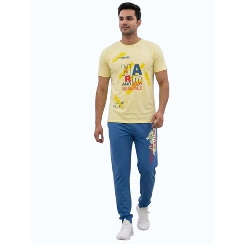 Mens Cotton Lounge Set Graphic Print T Shirt and Jogger Pants Set Casual Homewear Breathable Soft Fabric Pajama Set Comfortable Sleepwear Tracksuit for Daily Wear