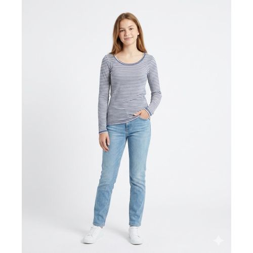 Teen Girls' Stylish Off-Shoulder Striped Top - Stretchy Long Sleeve Casual Fitted Top