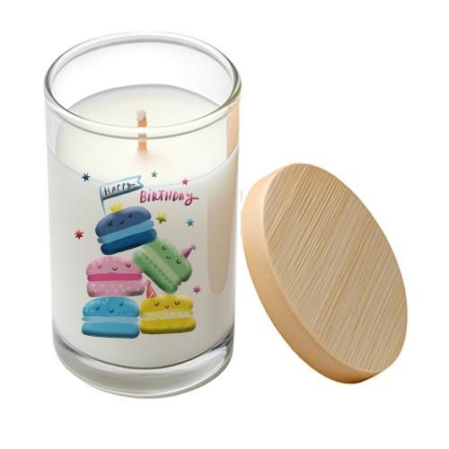 Happy Birthday Scented Candle in Glass Jar with Wooden Lid, Macaron Theme, White