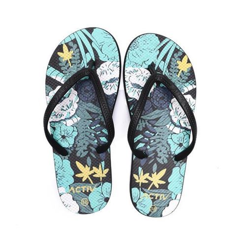 Flowers Printed Thong Slip On Slipper - Black & Mint Green