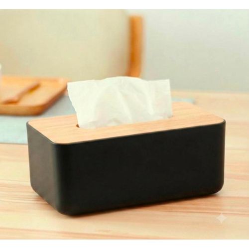 Modern Style Tissue Box - Matte Black Base with Natural Wood Lid
