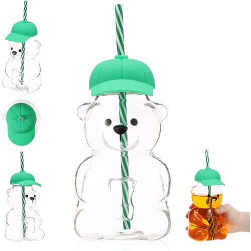 Cute Bear Clear Glass Cup with Green Cap Lid and Green Striped Straw, Suitable for Cold Drinks, Juices, Fun and Practical Design Perfect for Home, School and Office.