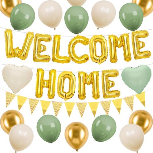 Decorations of the home in the Casa Verde Oro, Banderas of globos of the Lamina de Bienvenida of the Casa in Oro with globos of Corazon Blanco and Verde Salvia, Banderaines of the Pennant Bandera for the Baby Shower