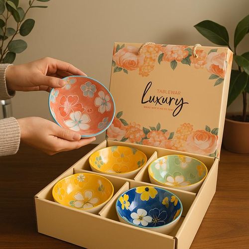 Luxury Ceramic Floral Bowl Set of 4 – Glossy White Exterior with Vibrant Hand-Painted Interior