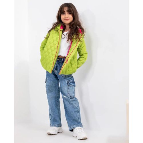 Girls’ Lime Green Quilted Hooded Puffer Jacket With Pink Contrast Lining