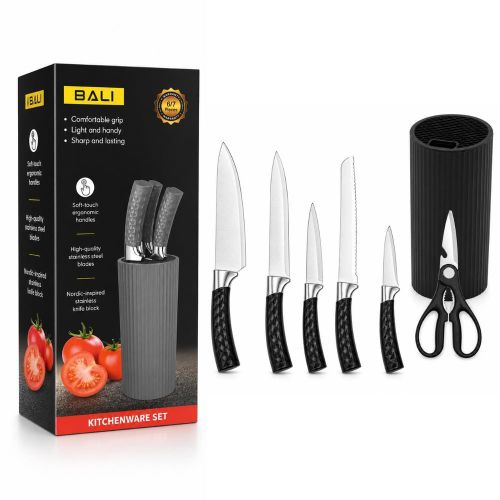 Kitchen Knife Set with Scissors and Storage Block 6-Pieces Black - MC-A1-226