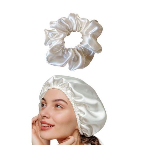 Satin hair cap and clip, white, to protect hair from breakage and frizz