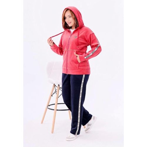 Women's 3-Piece Hooded Velvet Sweatshirt Set Jacket: Coral Red / Dark Pink Inner T-Shirt: White Pants: Navy Blue
