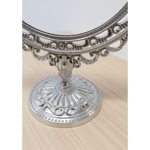 Luxury Heart Shaped Table Mirror, Embossed Silver Frame, Decorative Plastic Base, Decorative Rotating Cosmetic Mirror