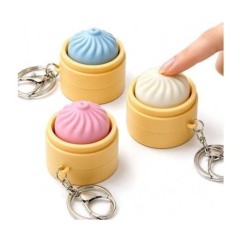 3Pcs Keyboard Fidget, Colourful Steamed Bun Design in Pink, Green and Cream White, with Keyring, Great for Office Focus and Travel Quiet Moments