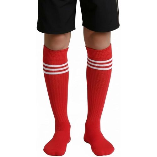 Knee-high sports socks, red with white stripes, pack of 3.