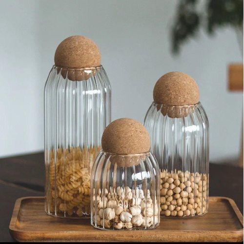 Glass Storage Jars with Cork Lids Set of 3, Polygonal Design, for Kitchen, Food Storage Containers and Spices ' 500ml, 750ml, 1100ml