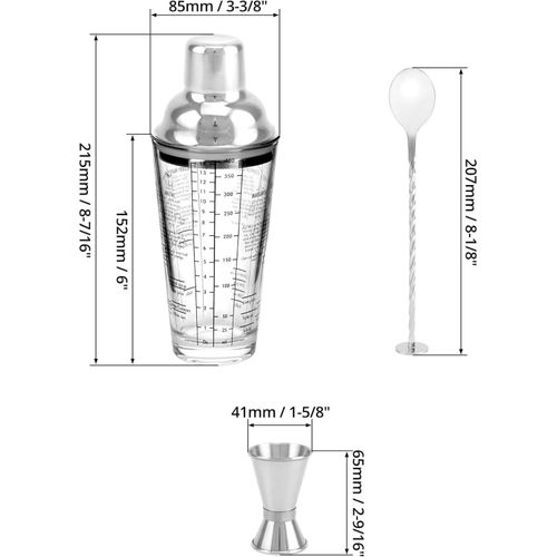 14oz Glass Cocktail Shaker, Martini Shaker - Clear Drink Shaker Bottle With Measurements, Mixing Spoon Set, Bar Shakers Set Bartender Kit for Mixing Cocktail, Best Gift for Beginner