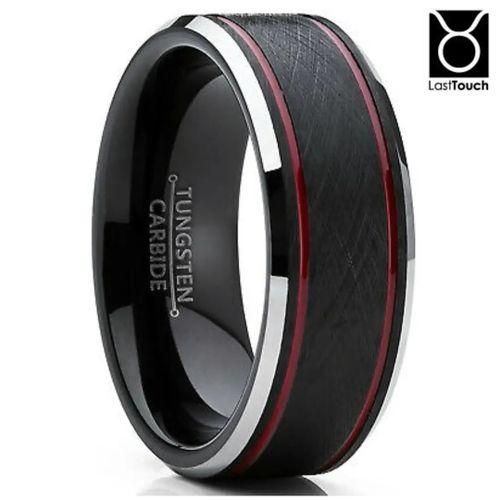 Brushed Black With 2 Red Line Tungsten Carbide Ring