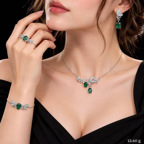925 Italian Sterling Silver Butterfly Jewelry Set with Emerald Green Stones & Zircon (Necklace, Bracelet, Ring & Earrings)