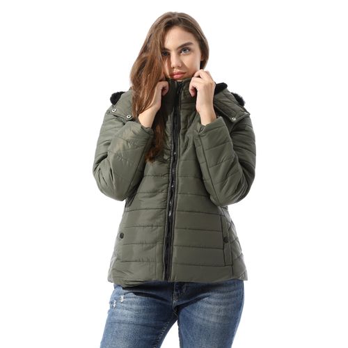 Women's Quilted Puffer Jacket with Faux Fur Hood-17669-Olive