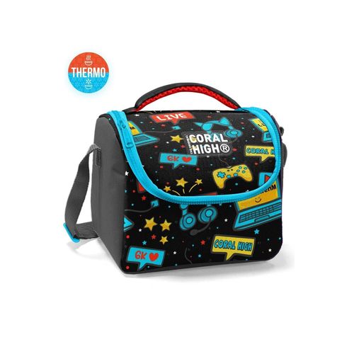 Kids Black Blue Gamer Patterned Thermo Lunch Bag