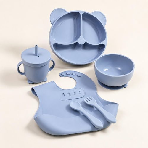 5-Piece BPA-Free Silicone Baby Feeding Set with Divided Plate, Bib and Lidded Cup – Sky Blue