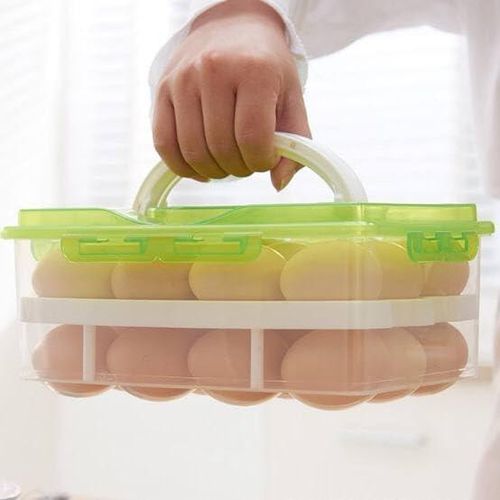 Two-tier plastic egg holder, storage tray with lid for refrigerator, camping, and picnics. Holds up to 24 eggs - assorted colors