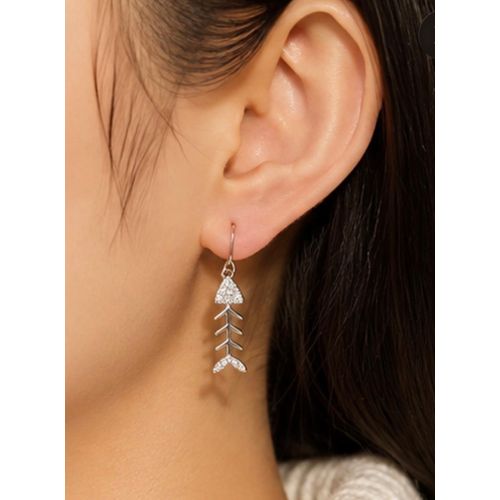 Women’s Fish Bone Dangle Earrings – Stainless Steel – Silver Crystal Drop Earrings