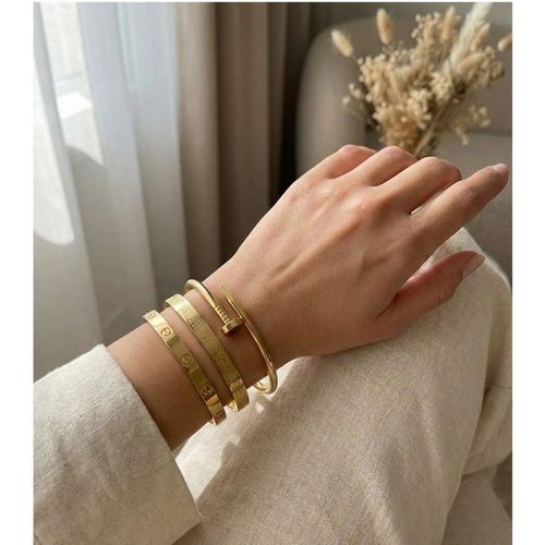 3-Piece Gold-Tone 316L Stainless Steel Bracelet Set – Ayat Al Kursi Engraved Bangle + Nail Cuff + Screw Motif Bracelet