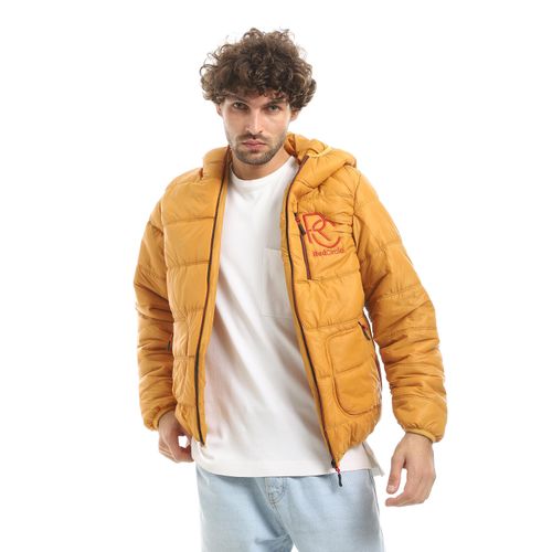 جاكيت منفوخ بسحاب وغطاء للرأس - أصفر عسلي