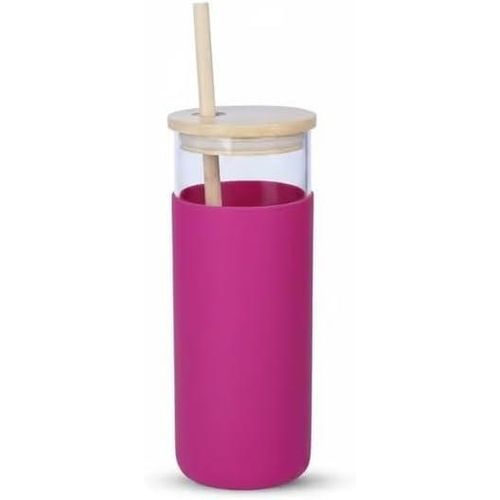 500ML Iced Coffee Glass Mug with Wooden Lid & Straw – Round Borosilicate Glass Cup for Hot & Cold Drinks Pink