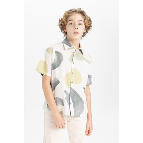 Men Kids Oversize Wide Fit Polo Neck Patterned Short Sleeve Shirt