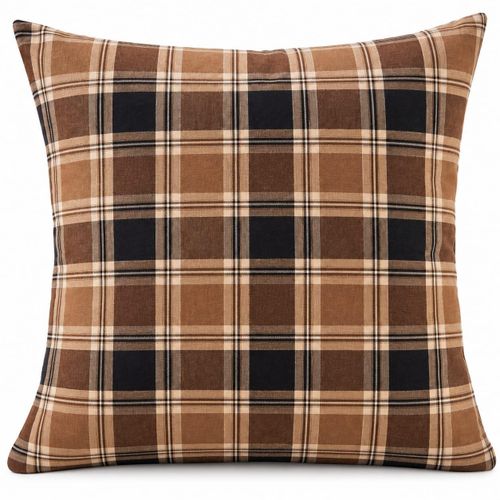 Square decorative cushion with a plaid pattern – brown and black
