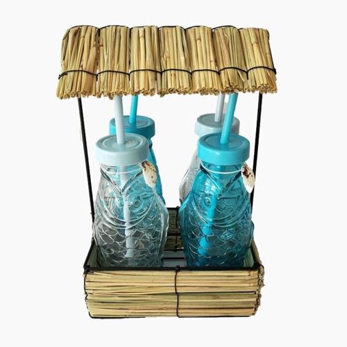 Fish Bottles with Wicker Hut - 4 pieces- 0.5 Liter Capacity